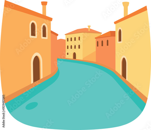 Idyllic venetian canal scene between colorful buildings illustration