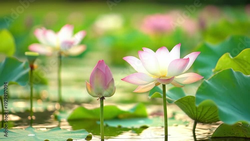 Serene lotus flowers and perfume plants blooming in a peaceful pond environment with a soft focus view