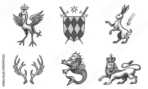 Heraldic bird, rabbit or hare and lion with horns for coat of arms design and shield. Hand drawn engraving in old traditional medieval style, modern made element for family symbols and logo templates