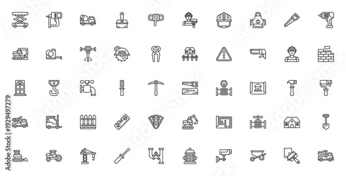 Construction icon set. Vector toolkit with scissor lift, nail gun, helmet, drill, crane, excavator, tools and equipment. Editable stroke illustrations.