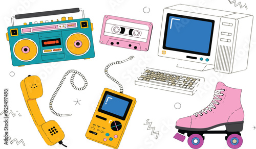 Retro Technology and Vintage Gadgets Illustration Set with Cassette Player Computer Game Console and Mobile Devices