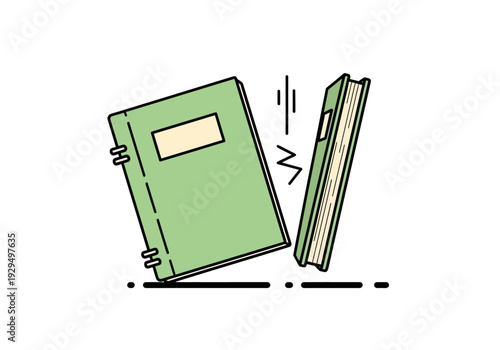 Two green books falling down with motion lines.