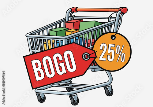 Shopping Cart with BOGO and 25 Off Sale Tags.