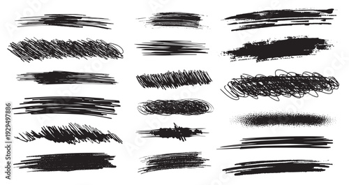 Collection of black paint brushstrokes, charcoal, liner and other strokes. Ink splashes, grunge blocks for text, banner, advertising