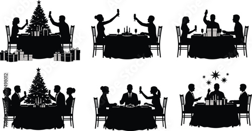 Festive silhouette illustrations of people dining and celebrating with Christmas trees, gifts, and drinks in joyful holiday-themed scenes.