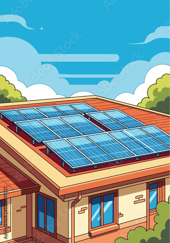 Solar Panels Installed on a Residential House Rooftop.
