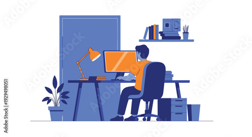Illustration of a person working remotely from home on a computer at a desk, depicting modern freelance work, online education, or digital entrepreneurship in a minimalist flat design style.