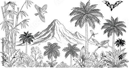 Detailed black and white tropical landscape illustration with mountains, palm trees, bamboo, birds, bat, dense vegetation, and exotic ecosystem