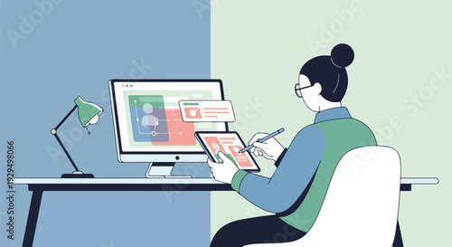 Woman working on computer and tablet, managing digital profiles or data. Flat vector illustration of remote work, online productivity, and user interface design.