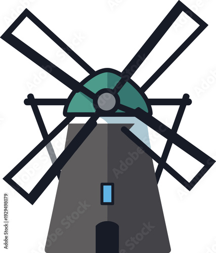 Illustration of a simplistic windmill with a teal roof and dark gray blades