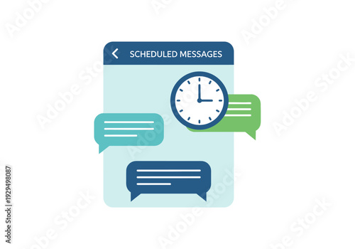 Scheduled Messages App Interface with Clock and Chat Bubbles.