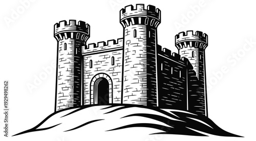Medieval castle illustration on hill with three towers