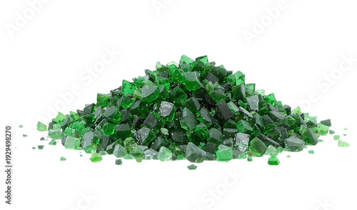 Aerial view of a large pile of green glass fragments scattered on a plain surface