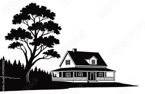 Charming house with large tree in a serene natural setting