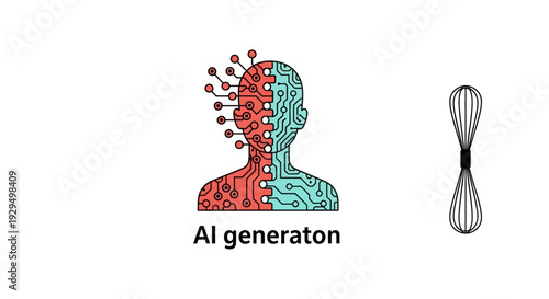 Artificial Intelligence Human Head with Circuitry and Whisk on isolated white background