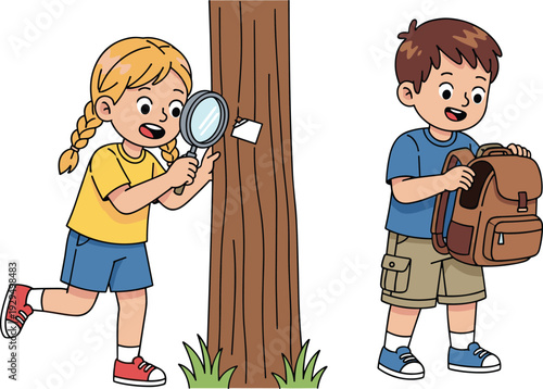 Isometric illustration of children exploring nature outdoors featuring girl with magnifying glass inspecting tree and boy examining backpack during educational science field activity