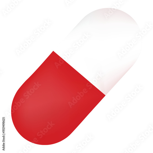Red and white capsule pill on plain background for medical use