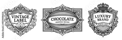 Vintage ornate label collection with decorative frames luxury brand badge and chocolate emblem isolated on white background retro engraving style. Vector illustration