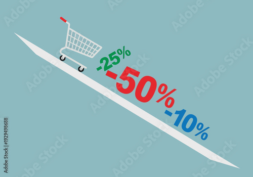 Shopping Cart with Discount Percentages on a Diagonal Line.