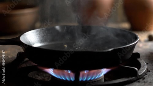 Cast Iron Skillet Heating on Gas Stove – Rustic Cooking Scene