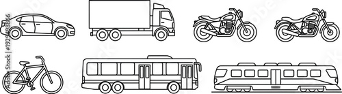 Set of simple black and white line art icons depicting various modes of ground transportation including cars trucks bicycles motorcycles buses and trains for concept design