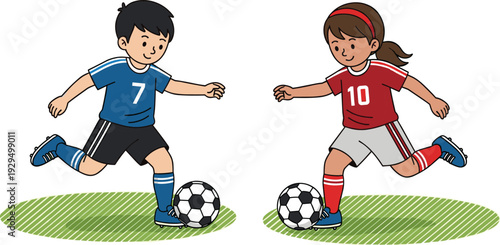 Isometric illustration of children playing soccer outdoors featuring boy in blue jersey number 7 and boy in red jersey number 10 kicking ball on grassy field