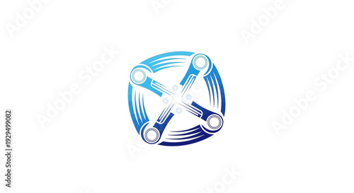 Abstract blue technological interlocking gear logo design, isolated white background.
