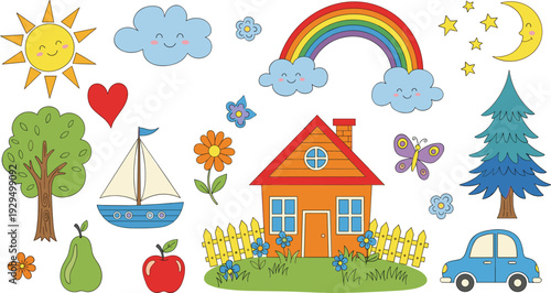 Cute Nature and Home Elements Collection with Rainbow Sun Tree House and Car Flat Vector Illustration Set