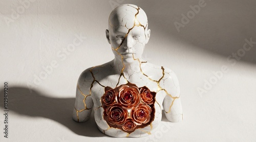 Cracked marble bust sculpture with gold veining and a bouquet of red roses on the chest, surreal artistic portrait conveying fragility, renewal, and timeless beauty in soft light