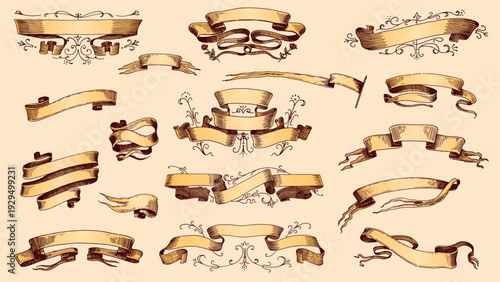 Set of scroll ribbon banners in Barocco style. Hand drawn engraving for your text in vintage traditional technique. For wedding, events, birthday and greetings.