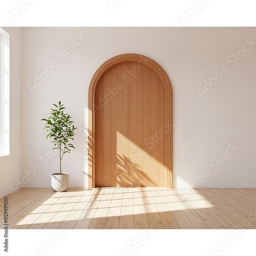 A serene room with a wooden arched door and potted plant.