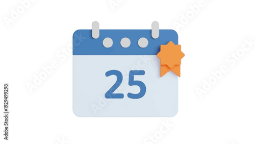 3D Rendered Blue Calendar Icon with Date 25 and Star Mark on Bright Studio Background, Event Reminder
