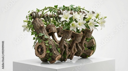 Artistic sculpture crafted from twisted tree roots forming a vintage wagon silhouette, overflowing with green vines and white lilies to blend nature, craft, and design