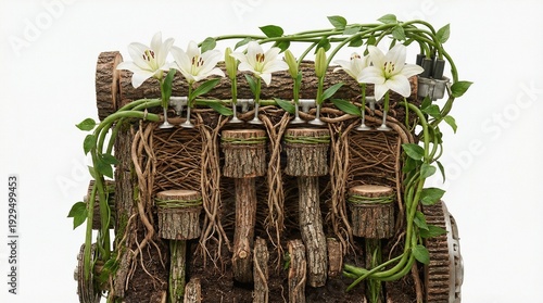 Rustic garden sculpture with intertwining vines and white blossoms resting on weathered wooden spools and gears, combining nature, upcycled decor, and botanical charm