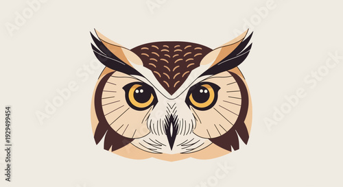 Detailed Cartoon Owl Head Portrait with Big Yellow Eyes on Light Beige Background, Conveying Wisdom