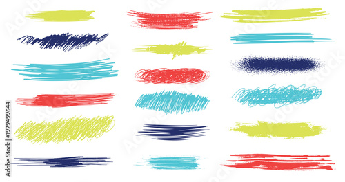 Collection of colourful brushstrokes, charcoal, liner and other strokes. Ink splashes, grunge blocks for text, banner, advertising