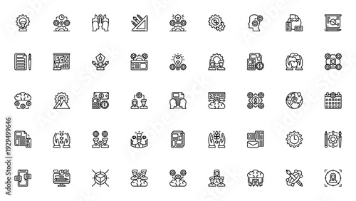 Design Thinking icon set. Vector illustration pack featuring engineer, solution, sketch, management, data, presentation, branding, strategy, concept and more. Editable stroke icons.