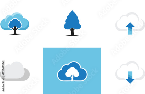 Cloud computing icon vector set. Tree cloud storage upload and download symbols. Modern flat technology icons isolated on white background.