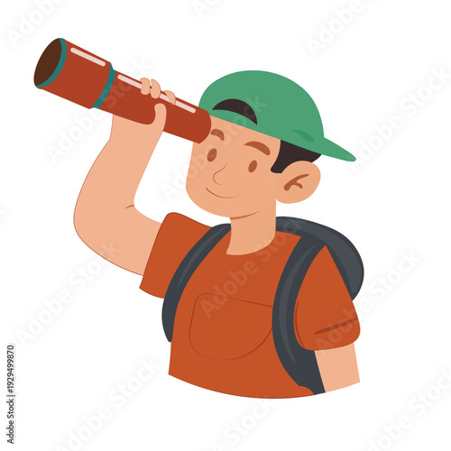 Telescope Viewing by Young Boy with Backpack and Green Cap