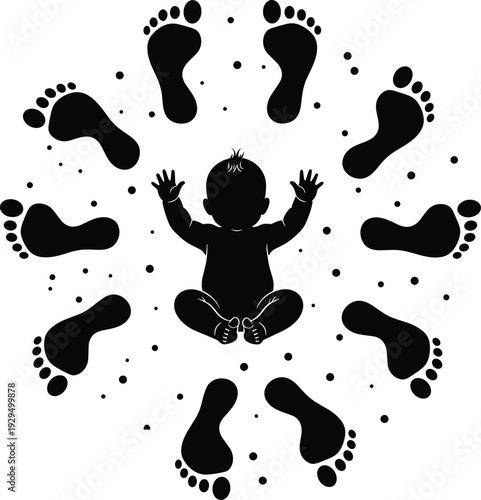 Silhouette illustration of baby sitting with raised arms surrounded by circular footprints and decorative stars, symbolic artwork representing infancy, growth, childhood journey, parenting, 
