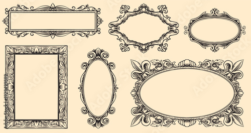 Decorative hand drawn frame in classical Barocco or renaissance style with swirls and leaves. Ornamental elements for borders. can be used as photo frame and for paintings. Wedding and invitation