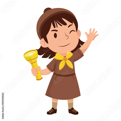 Girl Scout Cartoon Character Holding Flashlight Smiling and Giving a Waving Gesture