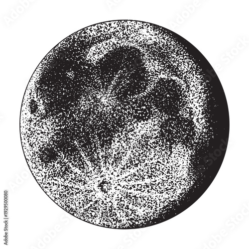 The Moon is the satellite of our planet Earth. Hand drawn illustration in dot work stippling style. Dark vision of astronomical sky object