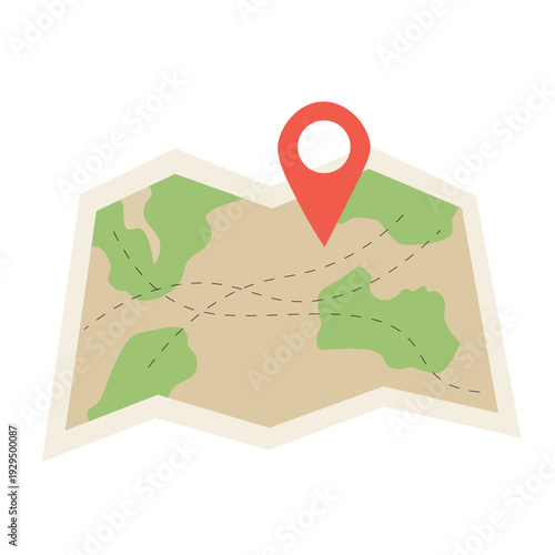 Map with Red Pointer Flat Design Showing Route Planning Vector Graphic