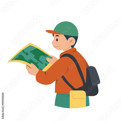Map Reading Boy with Backpack Exploring Using Geographic Map
