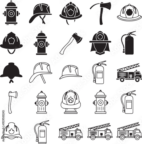 Collection of black and white firefighter including helmets hydrants axes extinguishers and trucks firefighter fire hydrant