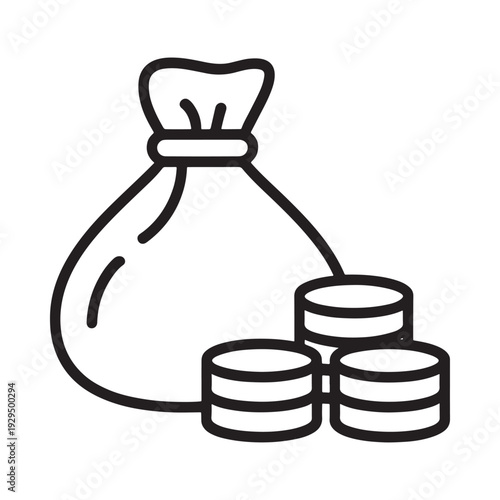 Simple line drawing depicting a money bag with stacked coins nearby