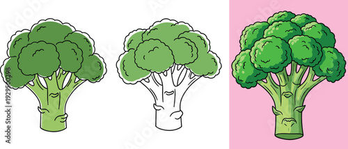 Cute broccoli cartoon vector set. Colored and outline vegetable character illustration. Funny healthy food mascot isolated on white background.