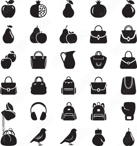 Black silhouette of fruits handbags backpacks headphones boxing gloves and birds on white background