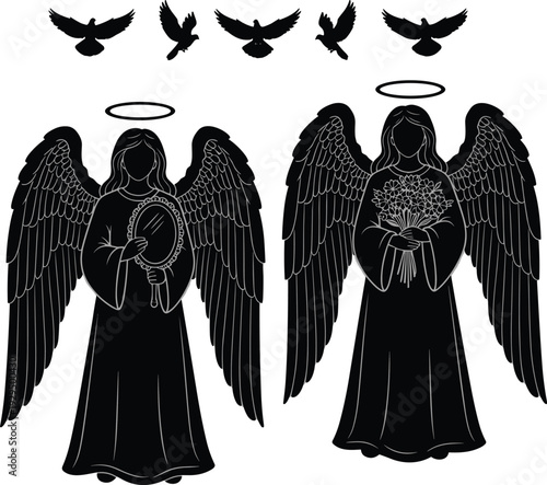Silhouette illustration of two angels with halos, wings, mirror, and flowers, accompanied by flying birds, symbolic artwork representing purity, guardianship, reflection, peace, and beauty